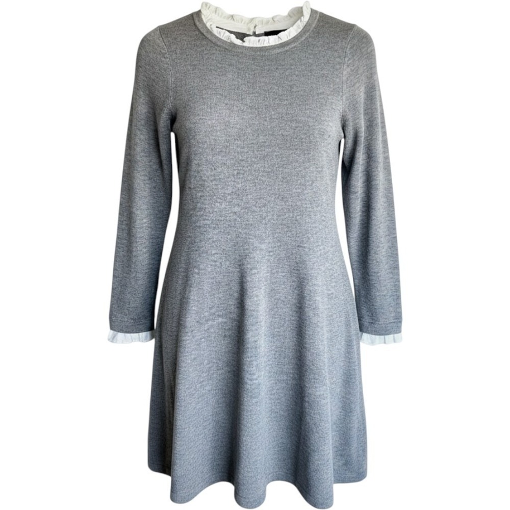Tahari Merino Wool Sweater Dress Womens M High Ruffle Neck Cuff Modest Gray Knee